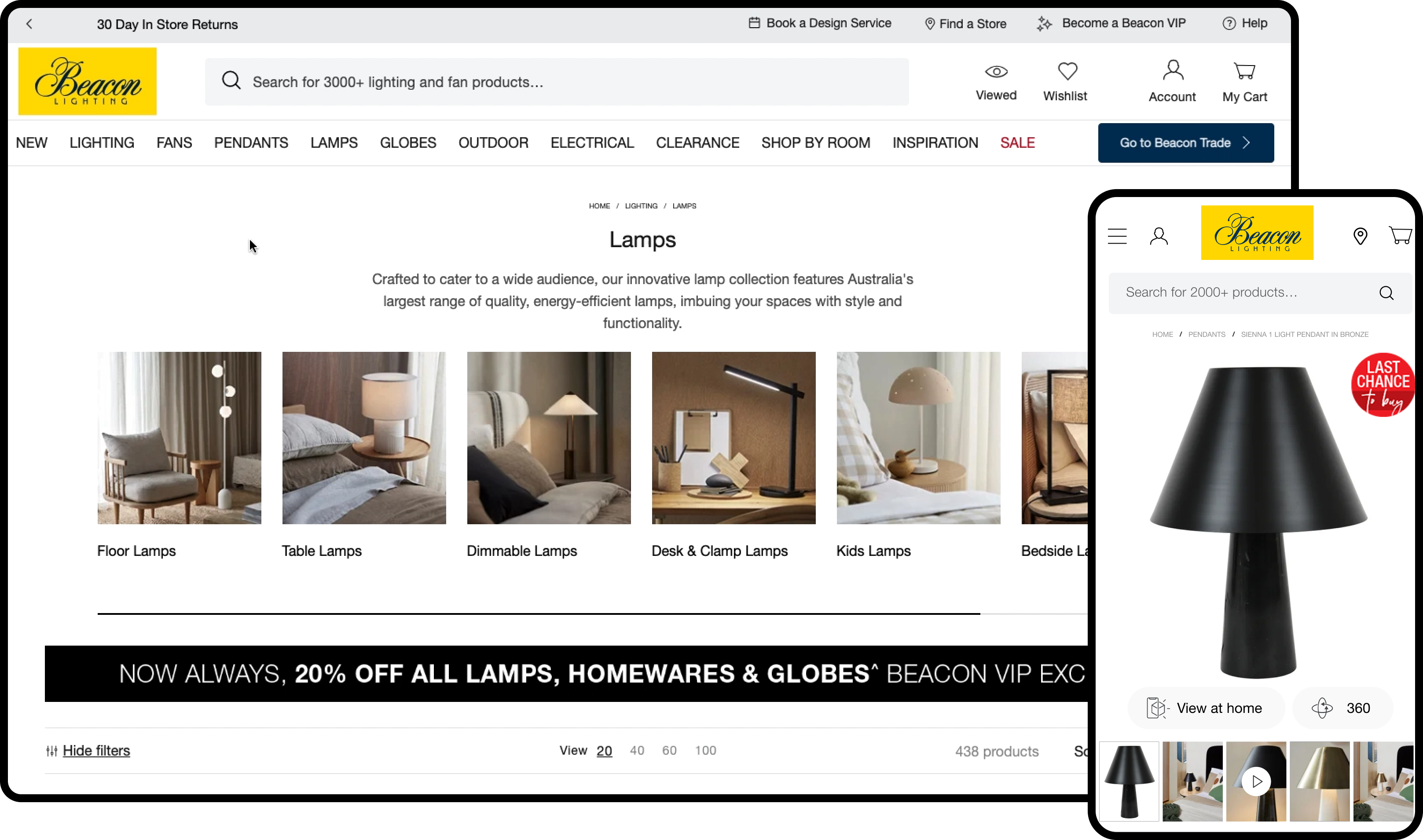 Beacon Lighting Category and Product Page Website Screens on Desktop and Mobile
